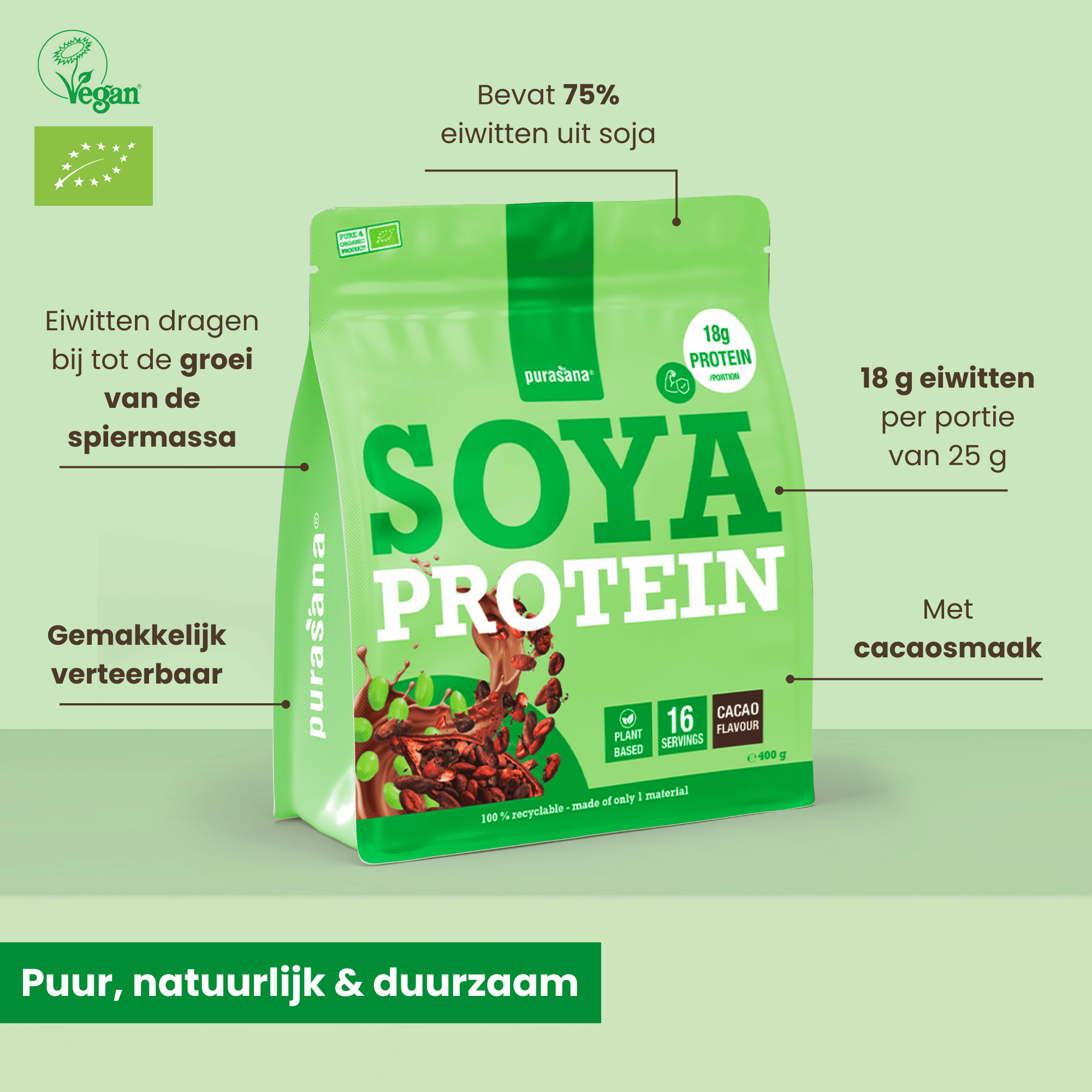 Purasana Plant Protein Soja Cacao Bio (400 gr) - image 3