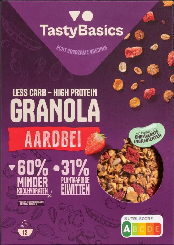 Tastybasics Less Carb-high Protein Granola Aardbei (350 gr)
