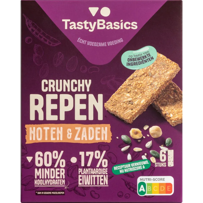 Tastybasics Crunchy Less Carb Repen Noten & Zaden (138 gr)