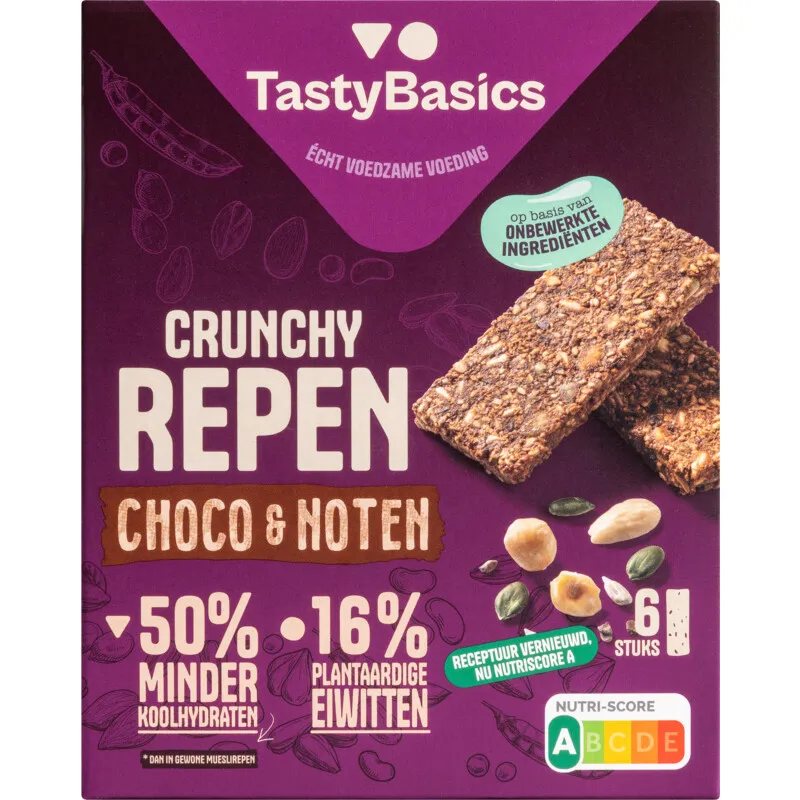 Tastybasics Crunchy Less Carb Repen Choco & Noten (138 gr)