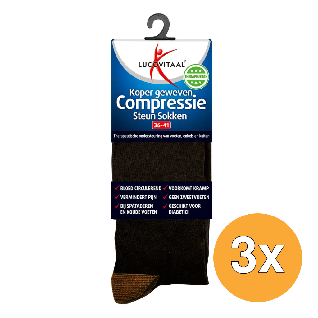 3x Lucovitaal Koper Compressie Sokken 36-41 Zwart (1 paar)