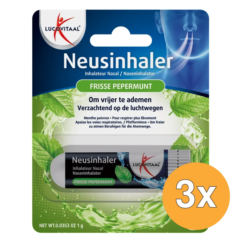 3x Lucovitaal Neusinhaler Vrijer Ademen Frisse Pepermunt (1 gr)