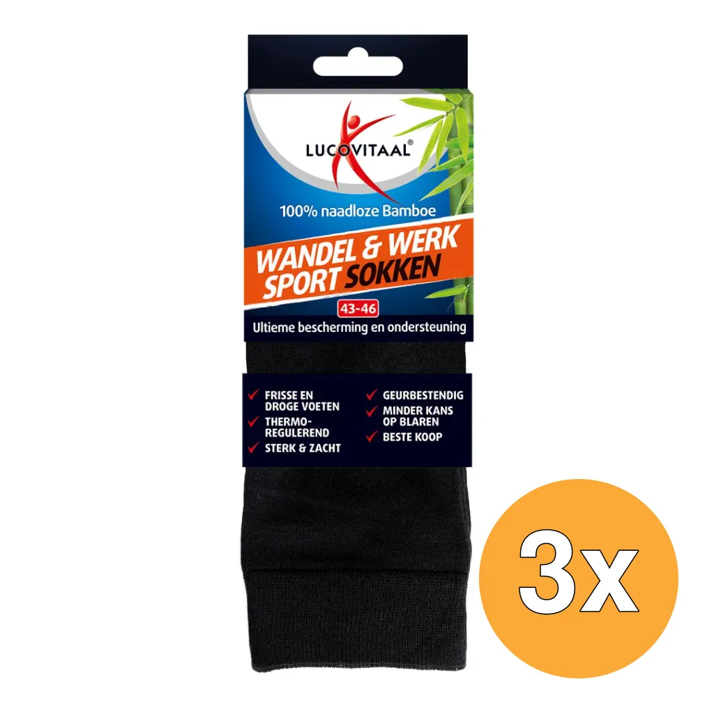 3x Lucovitaal Bamboe Wandel, Werk & Sportsokken 43-46 (1 paar)