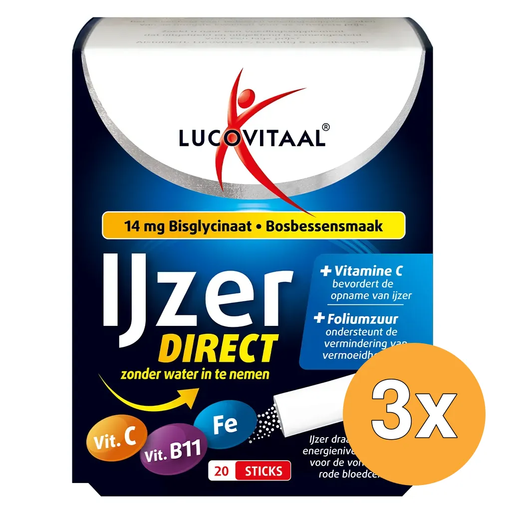3x Lucovitaal IJzer Bisglycinaat Direct Bosbessensmaak (20 zakjes)