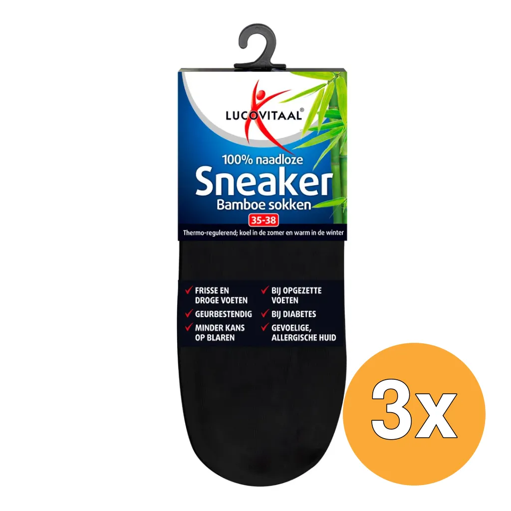 3x Lucovitaal Bamboe Sneakersokken Zwart 35-38 (1 paar)