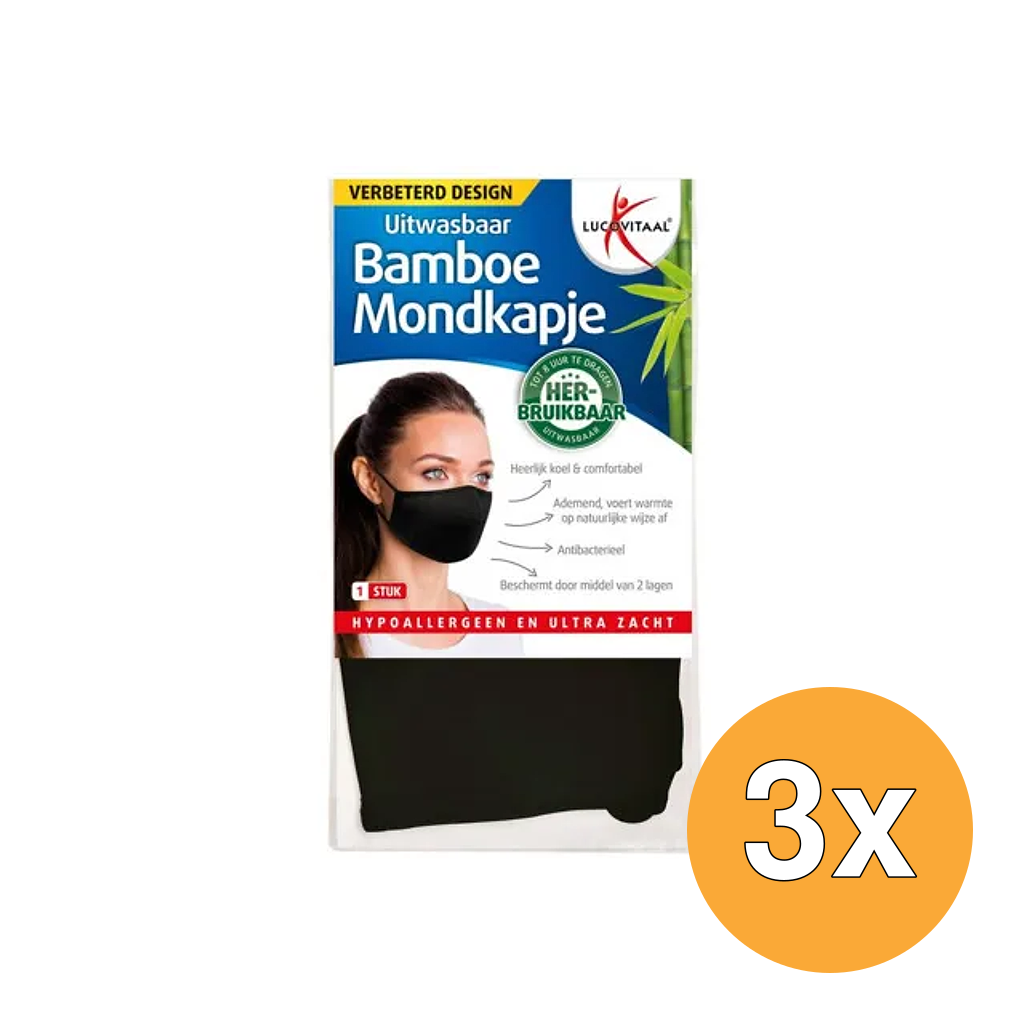 3x Lucovitaal Bamboe Mondkapje Zwart - Verbeterd (1 stuk)