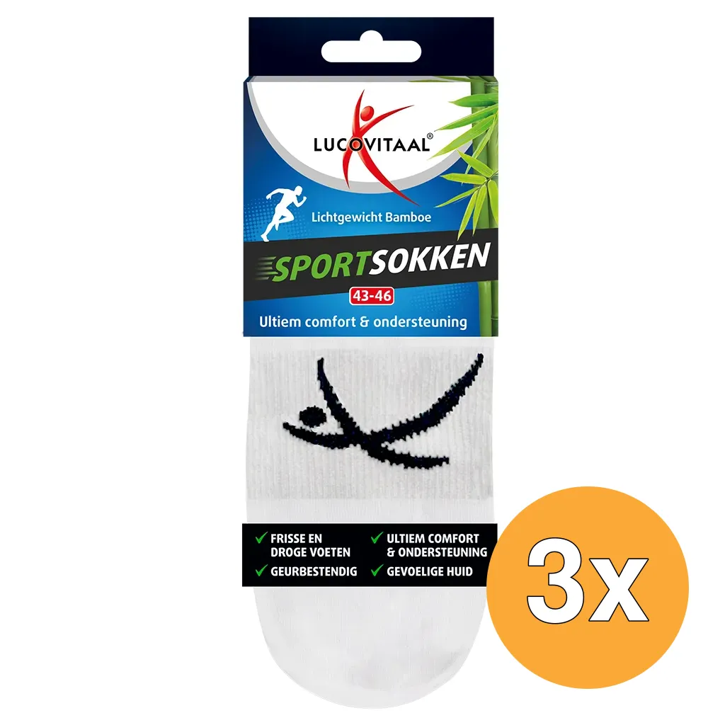 3x Lucovitaal Bamboe Sportsokken Wit 43-46 (1 paar)
