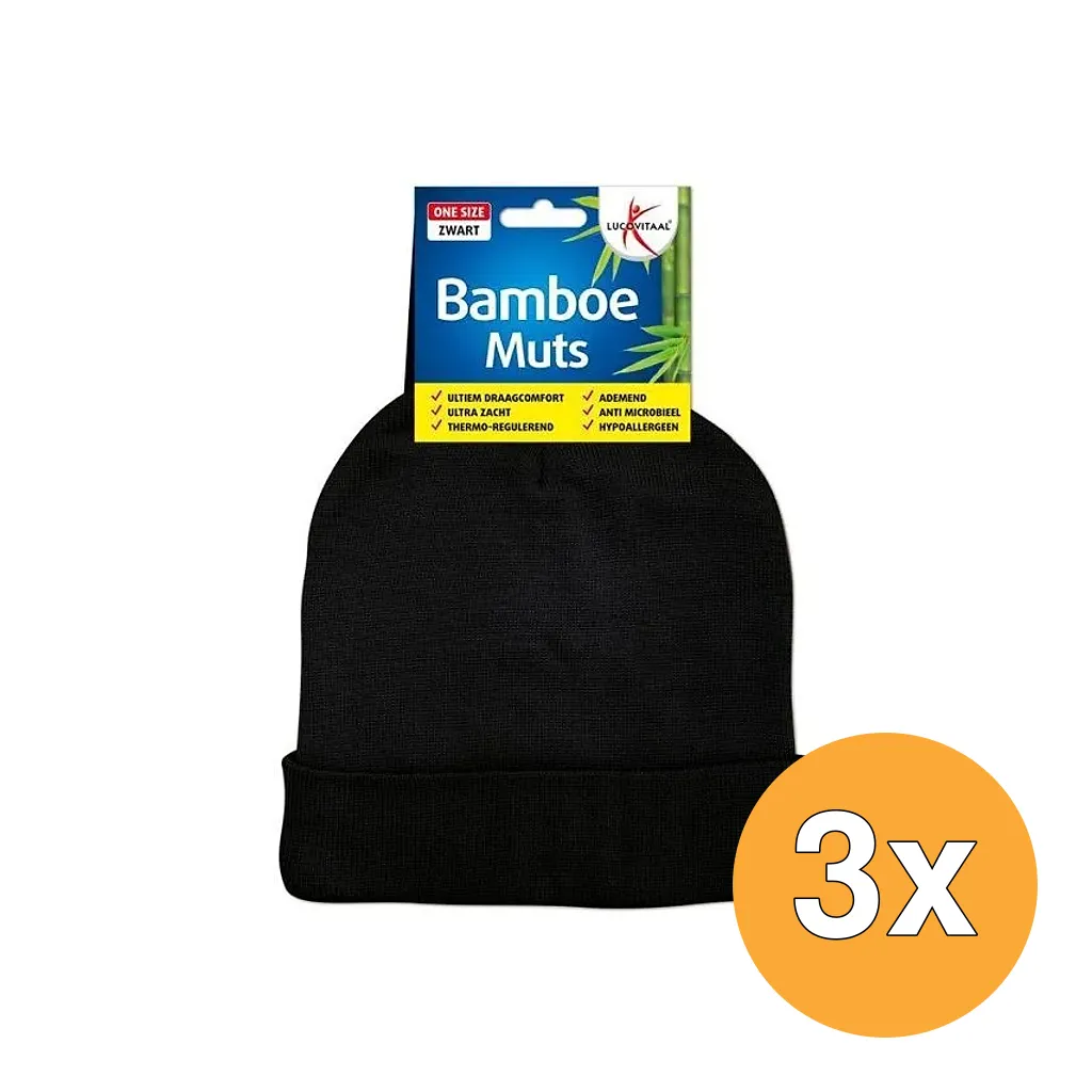 3x Lucovitaal Bamboe Muts Zwart (1 stuk)