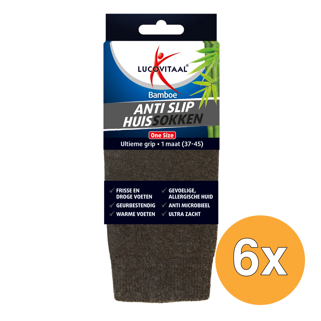 6x Lucovitaal Bamboe Anti Slip Huissokken One Size (1 Paar)