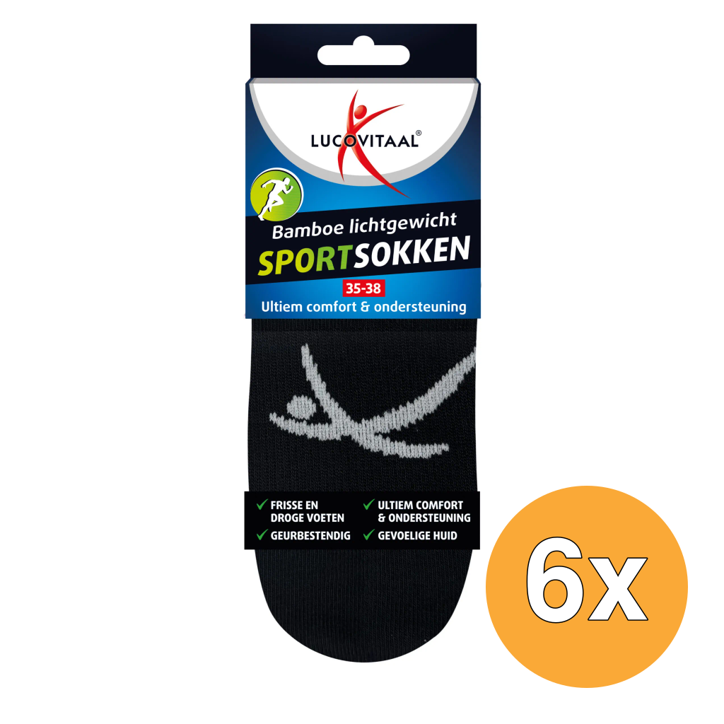 6x Lucovitaal Sportsok Bamboe 35-38 zwart (1 paar)