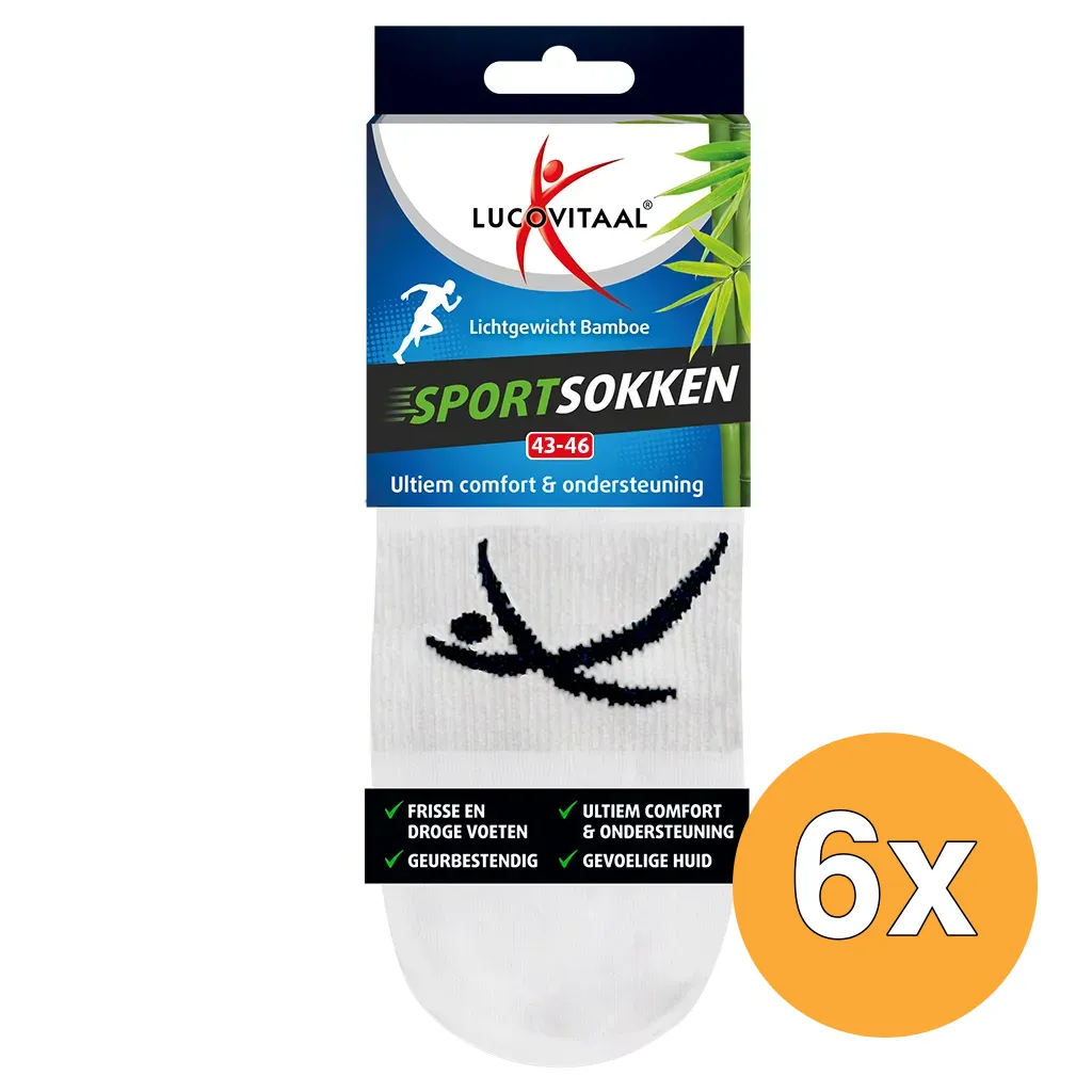 6x Lucovitaal Bamboe Sportsokken Wit 43-46 (1 paar)