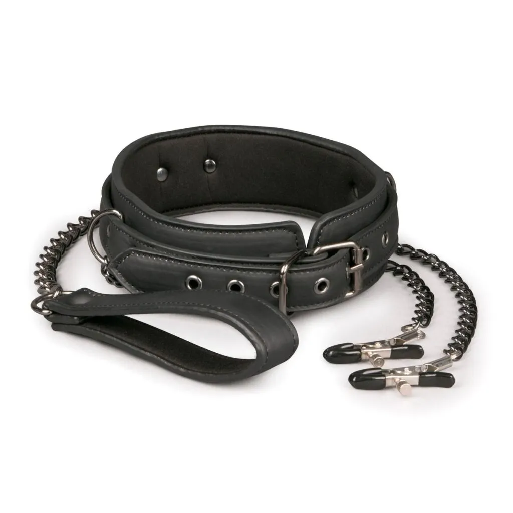 Easytoys Fetish Collection - Leather Collar with Nipple Chains Zwart (1 stuk)