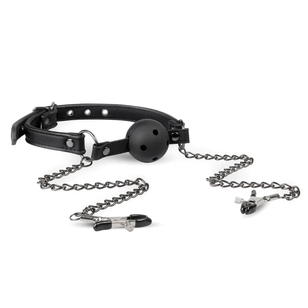 Easytoys Fetish Collection - Open Ball Gag with Nipple Clamps Zwart (1 stuk)