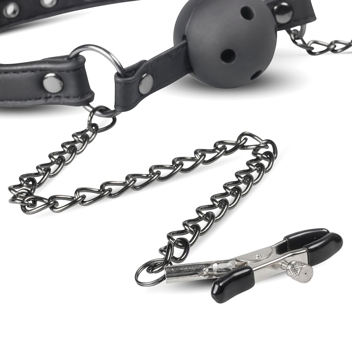 Easytoys Fetish Collection - Open Ball Gag with Nipple Clamps Zwart (1 stuk)