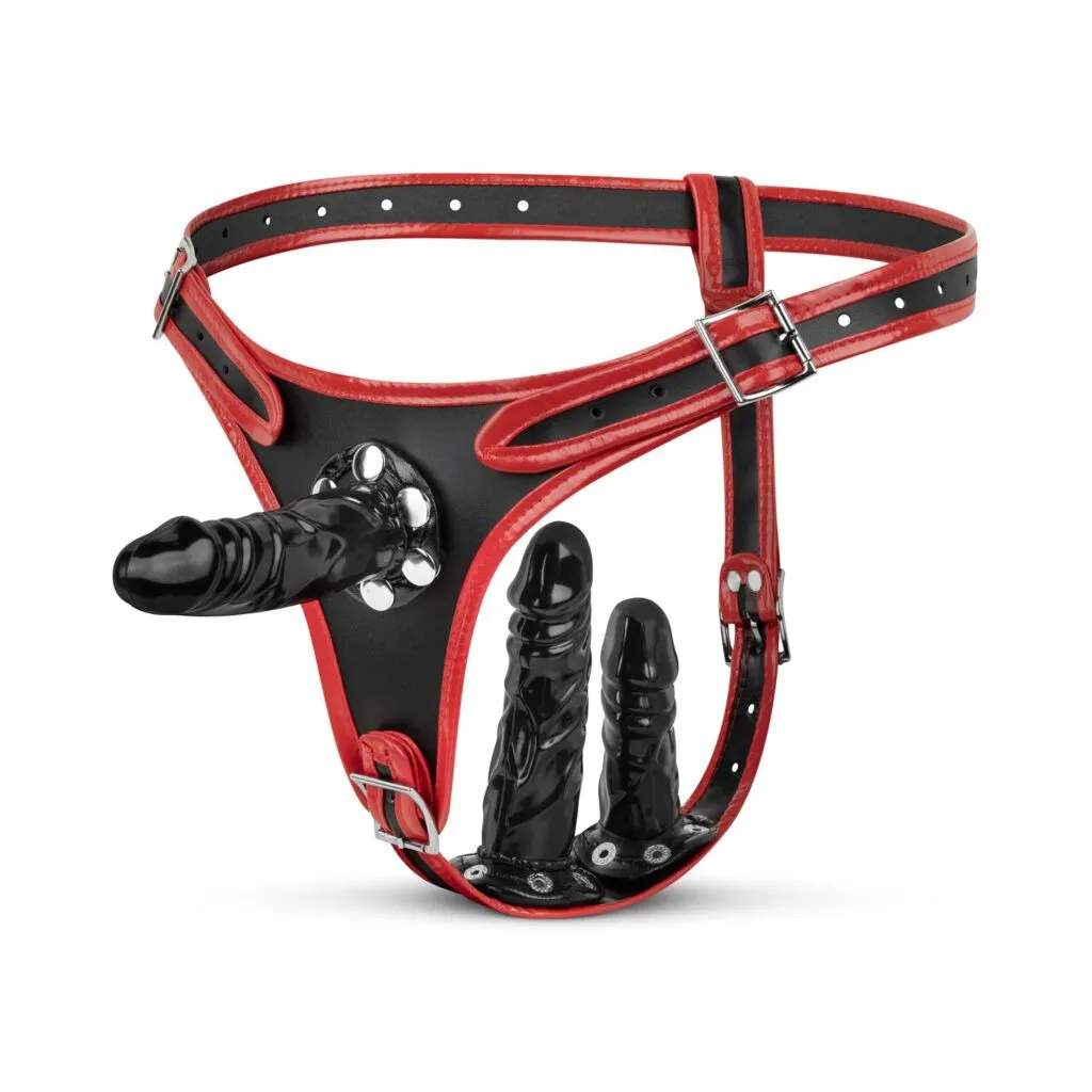 Easytoys Fetish Collection - Triple Dildo Strap-On Harness Zwart (1 stuk)