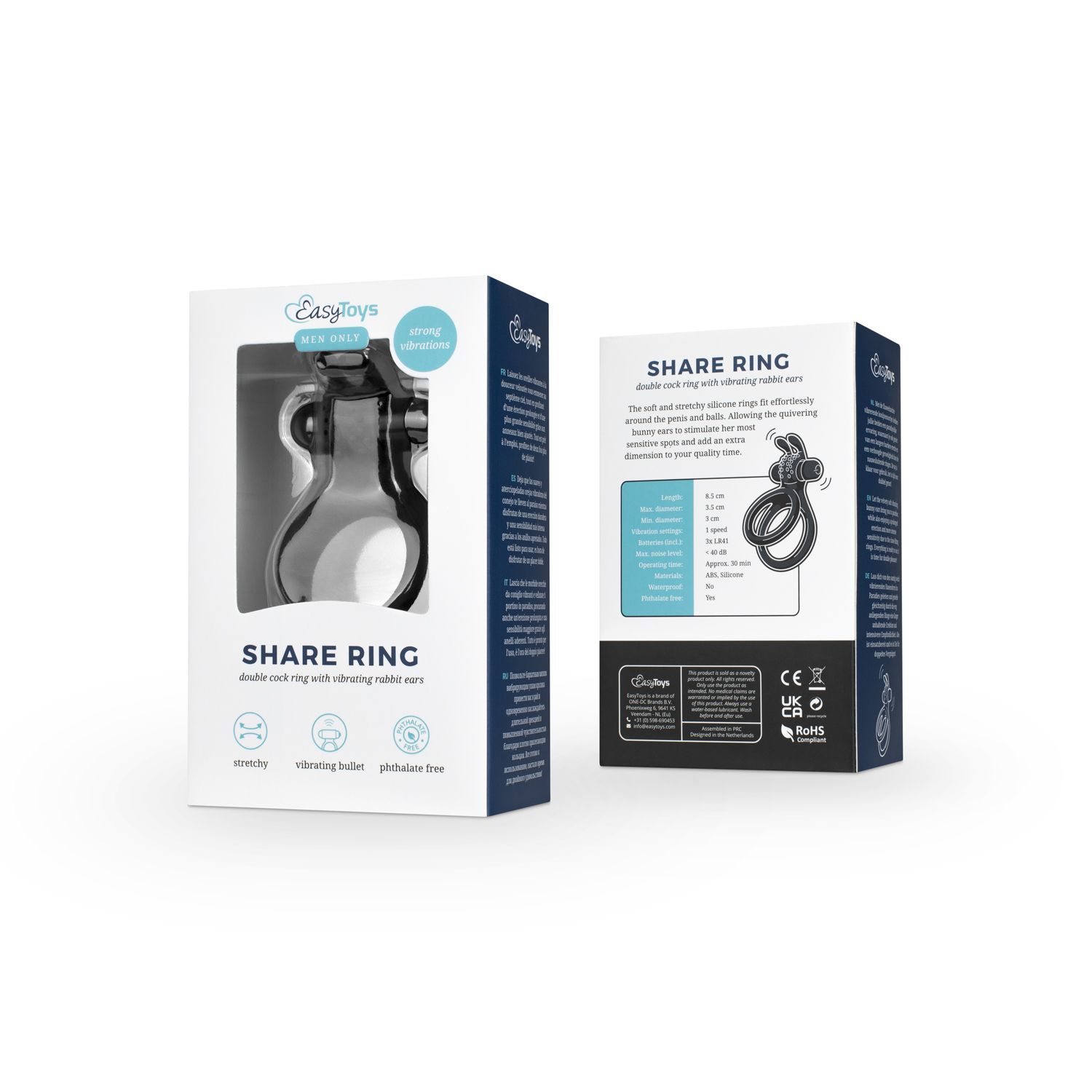 Easytoys Men Only - Share Ring Double Vibrating Cock Ring with Rabbit Ears Zwart (1 stuk)