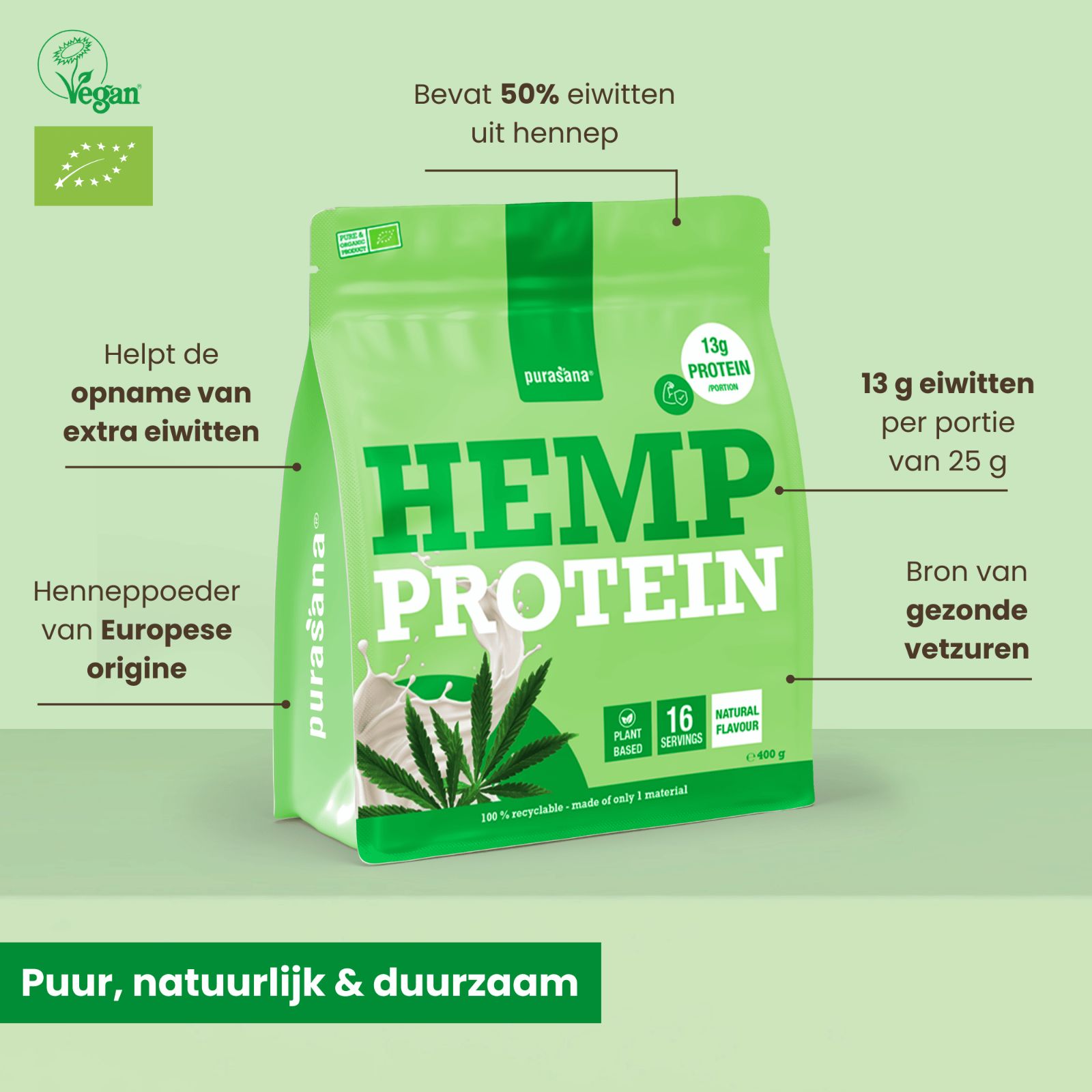 Purasana Plant Protein Hennep Natuurlijk Bio (400 gr) - image 3