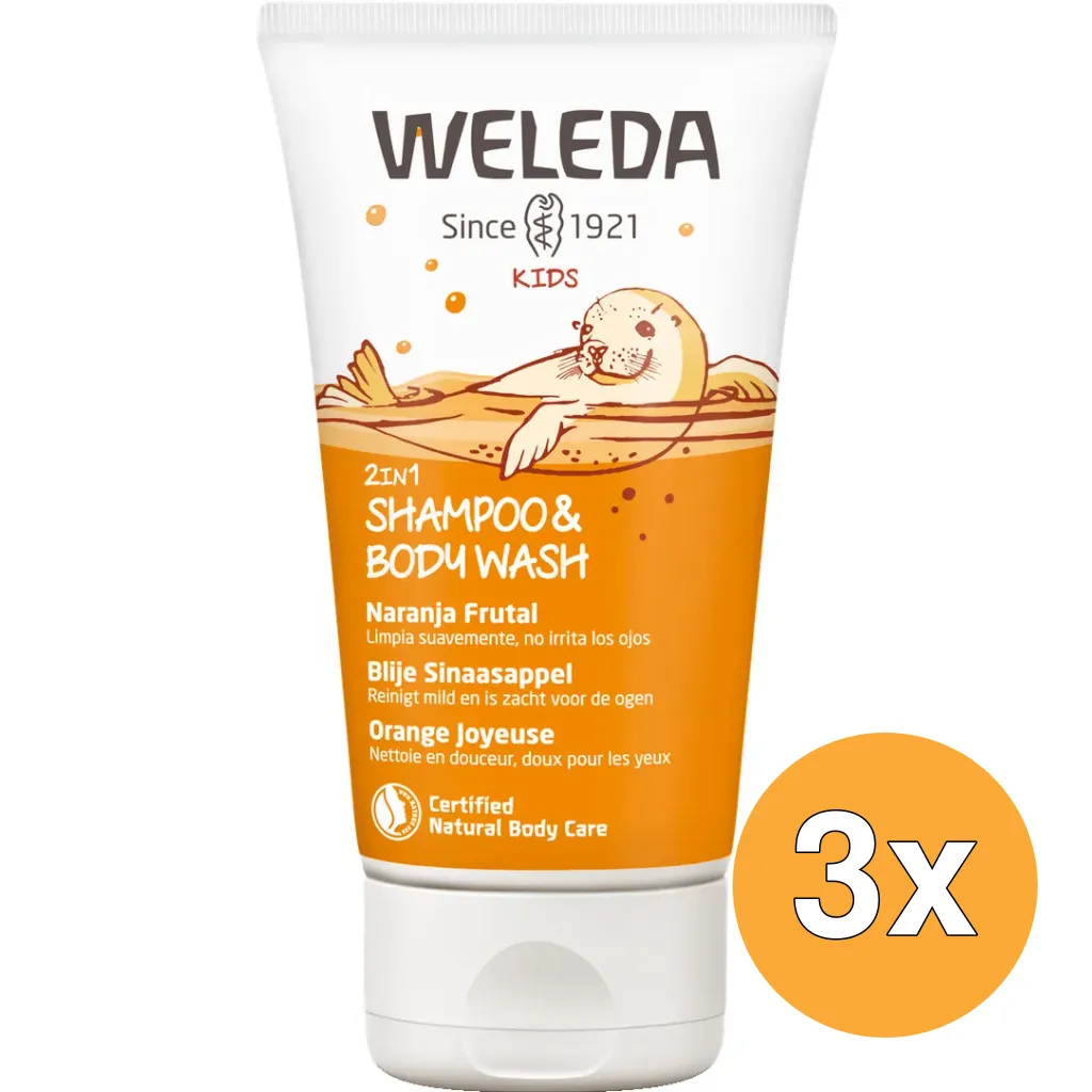 3x WELEDA Kids 2-in-1 shampoo & bodywash blije sinaasappel (150 ml)