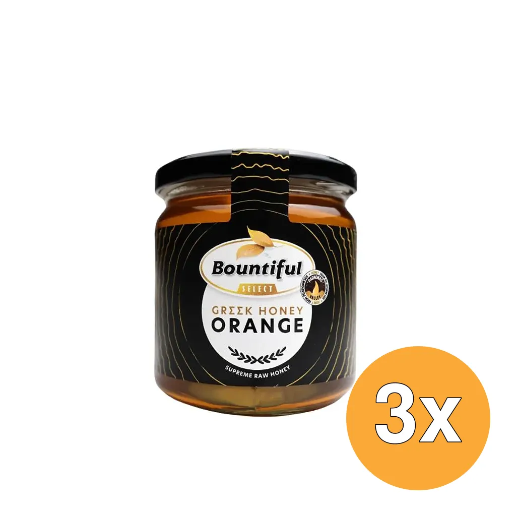 3x Bountiful Griekse Rauwe Honing Orange/Sinaasappel (500 gr)