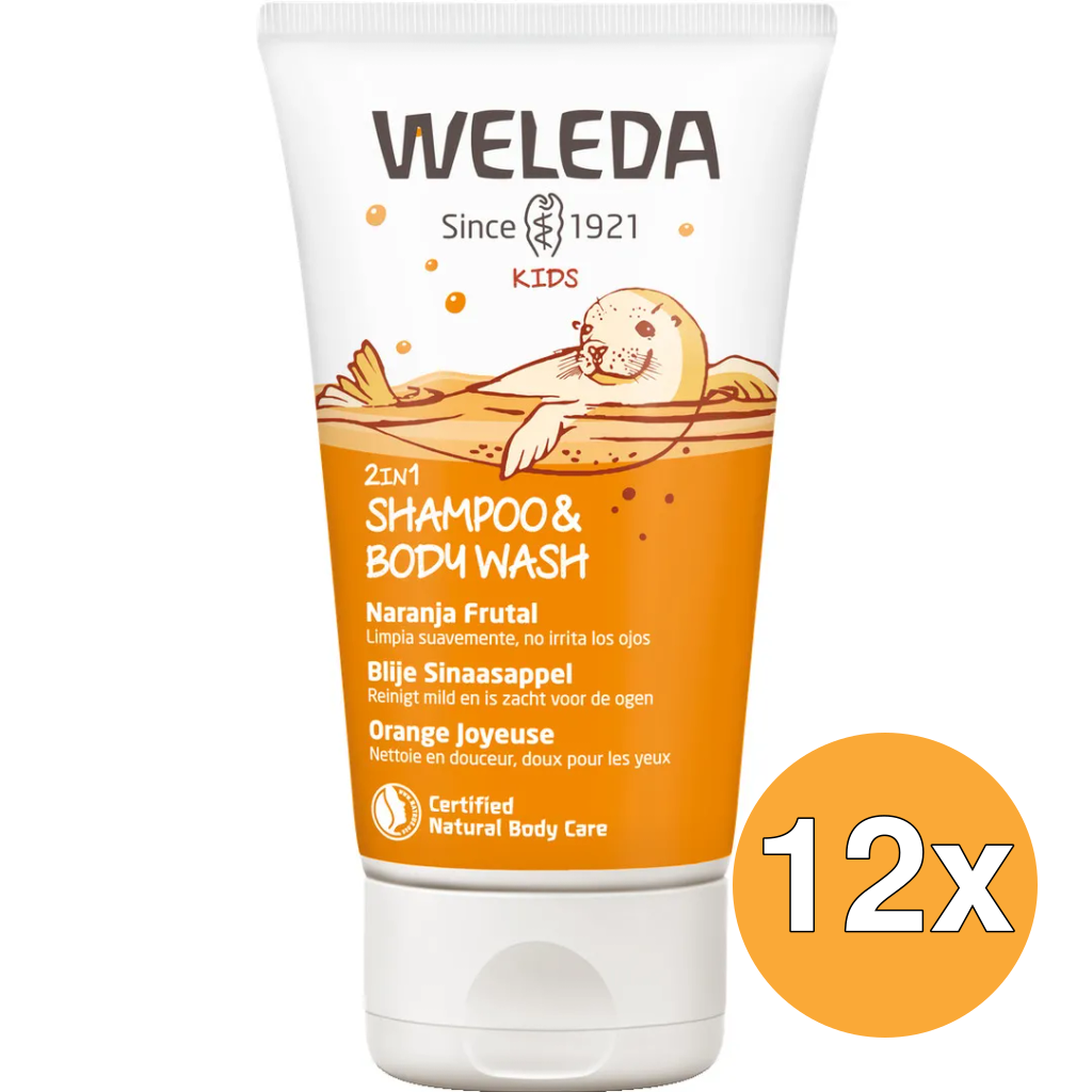 12x WELEDA Kids 2-in-1 shampoo & bodywash blije sinaasappel (150 ml)