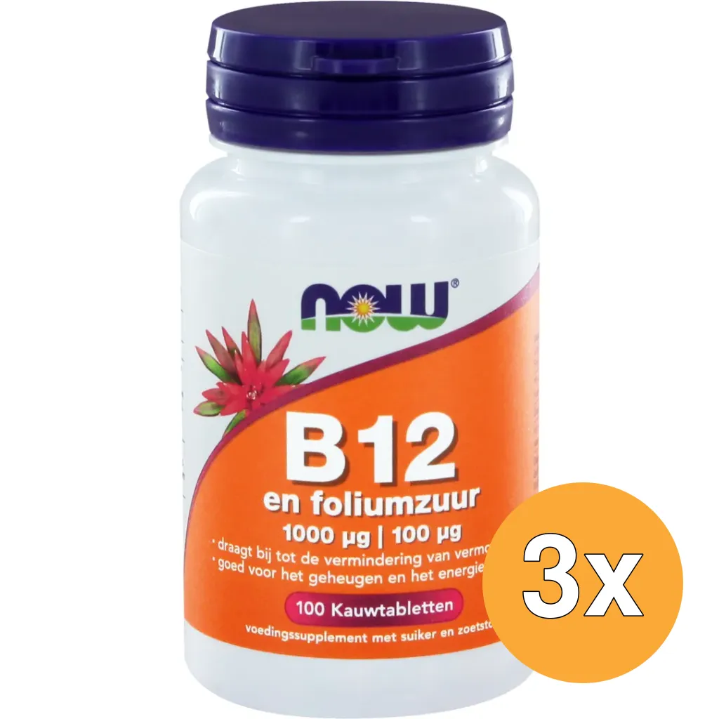 3x Now Vitamine B12 1000 mcg en Foliumzuur 100 mcg (100 kauwtabletten)