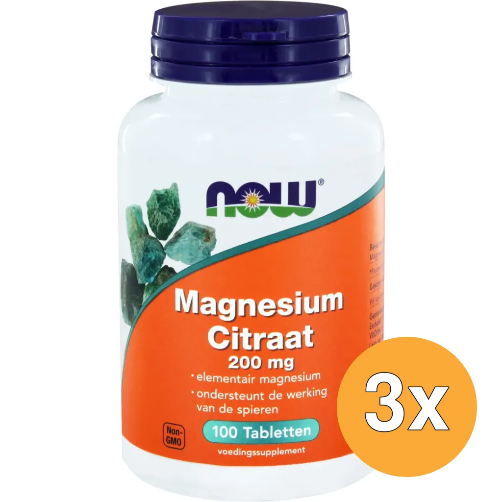 3x Now Magnesium citraat 200 mg (100 tabletten)