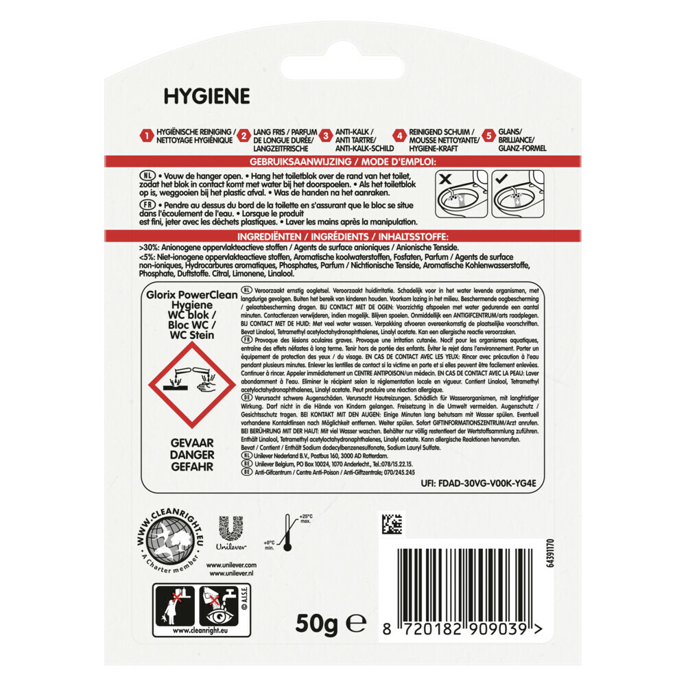 Glorix Toiletblok Power Clean Hygiëne (1 stuk)