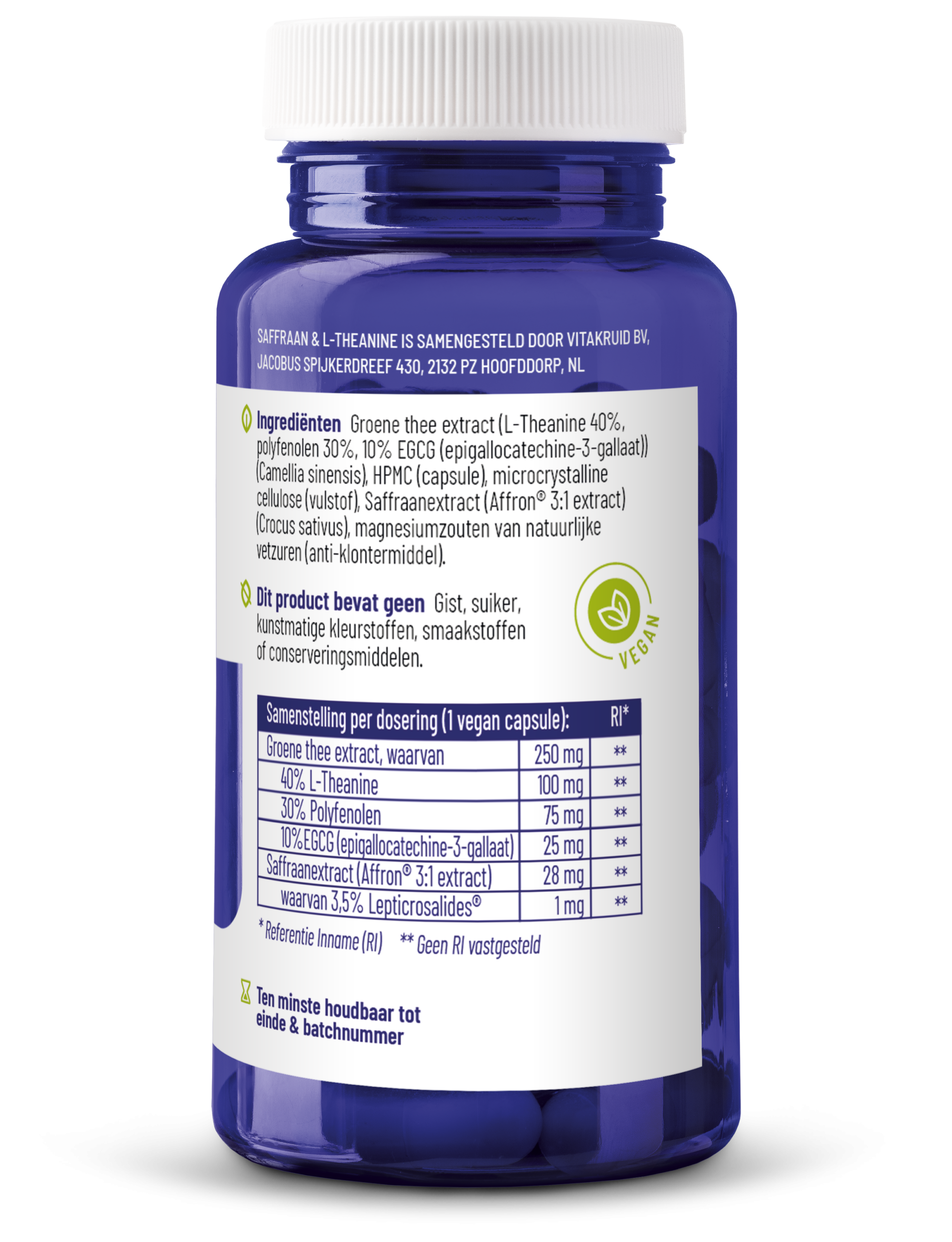 Vitakruid Saffraan 28 mg (Affron®) & L-Theanine Groene Thee (90 vega capsules) - image 2