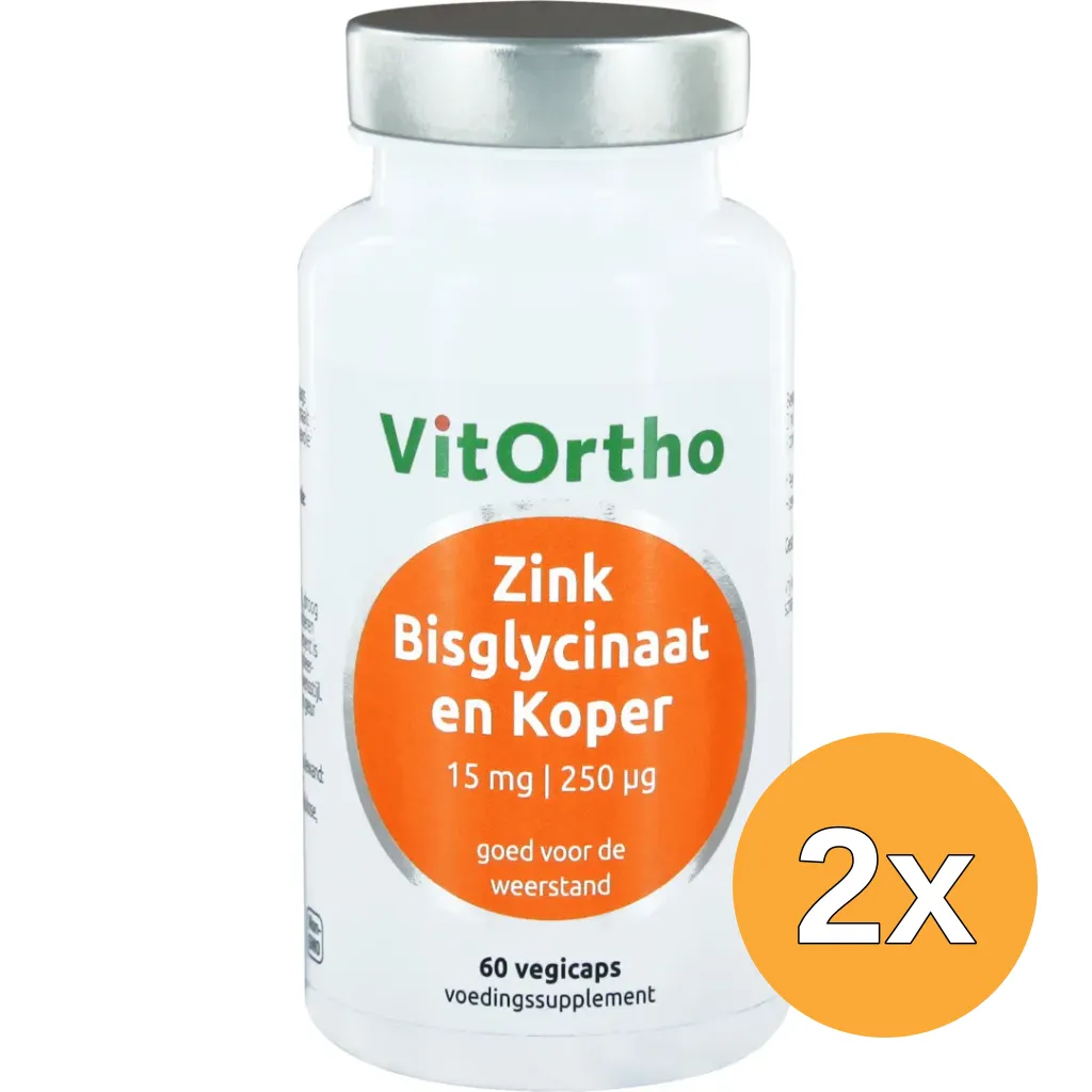 2x VitOrtho Zink bisglycinaat 15mg en koper 250mcg (60 vega capsules)