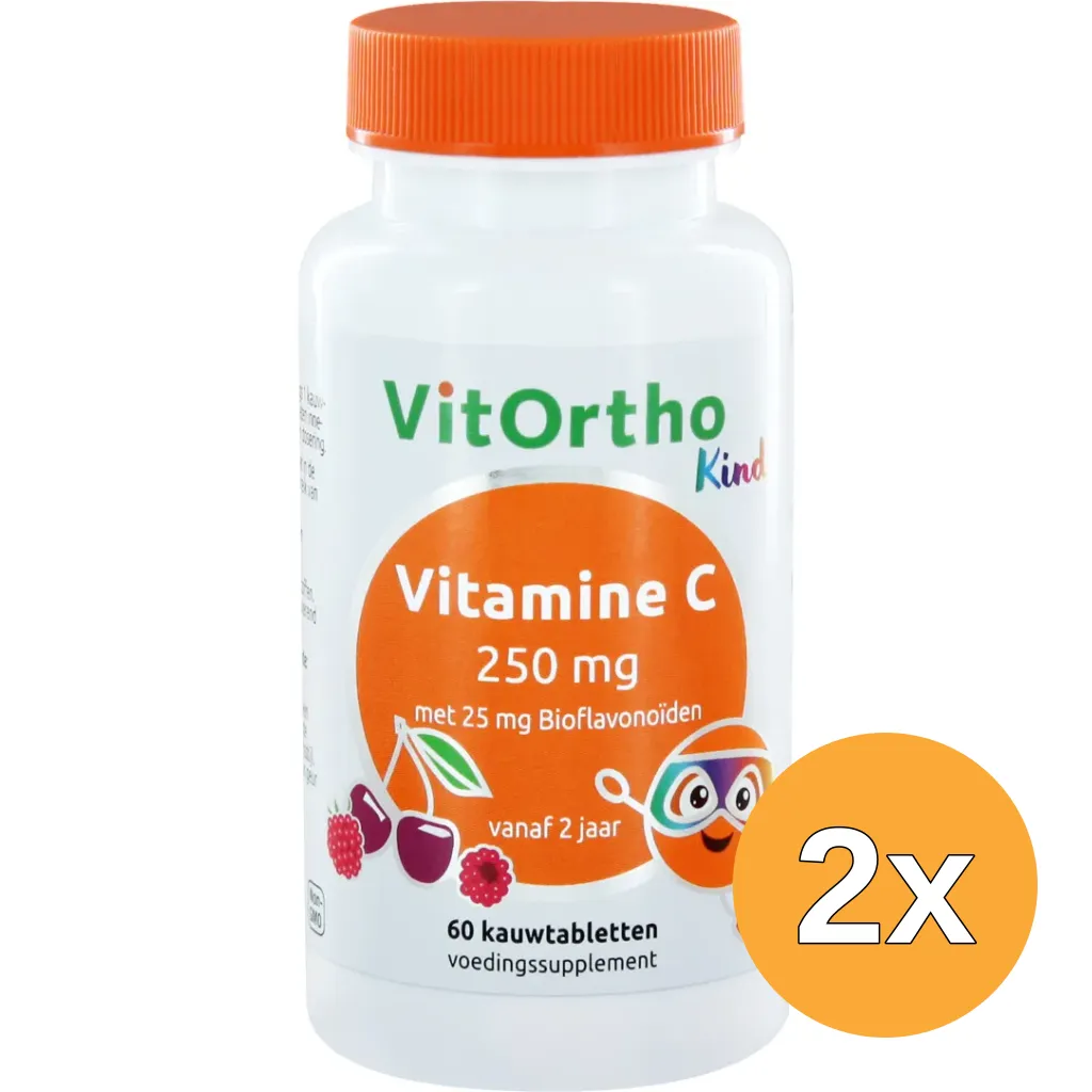 2x VitOrtho Vitamine C 250 mg met 25 mg bioflavonoiden (60 kauwtabletten)