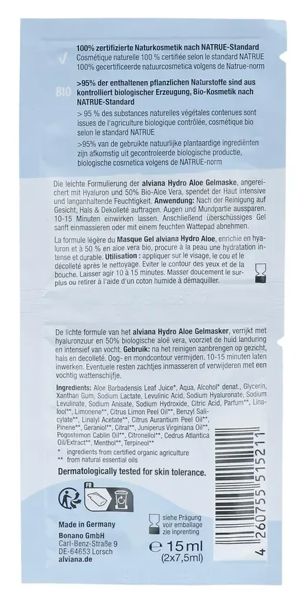 Alviana Hydro Aloë Gelmasker + Hyaluron (15 ml)