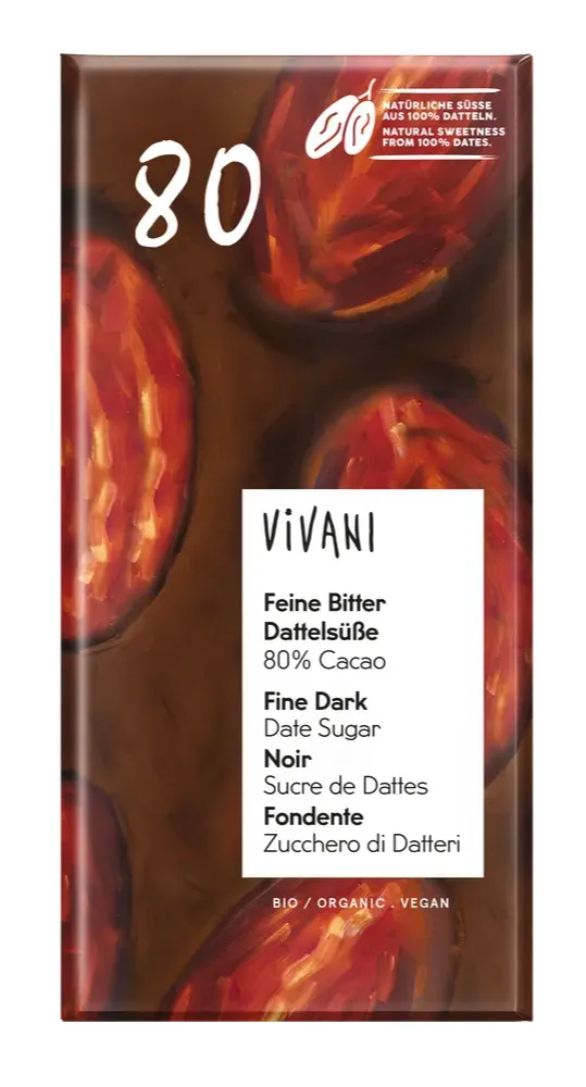 Vivani Chocoladereep Puur 80% Cacao Date Sugar (80 gr)