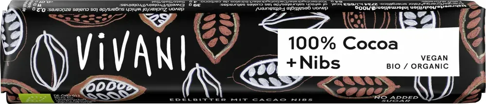 Vivani Chocoladereep Puur 100% Cacao Nibs (25 gr)
