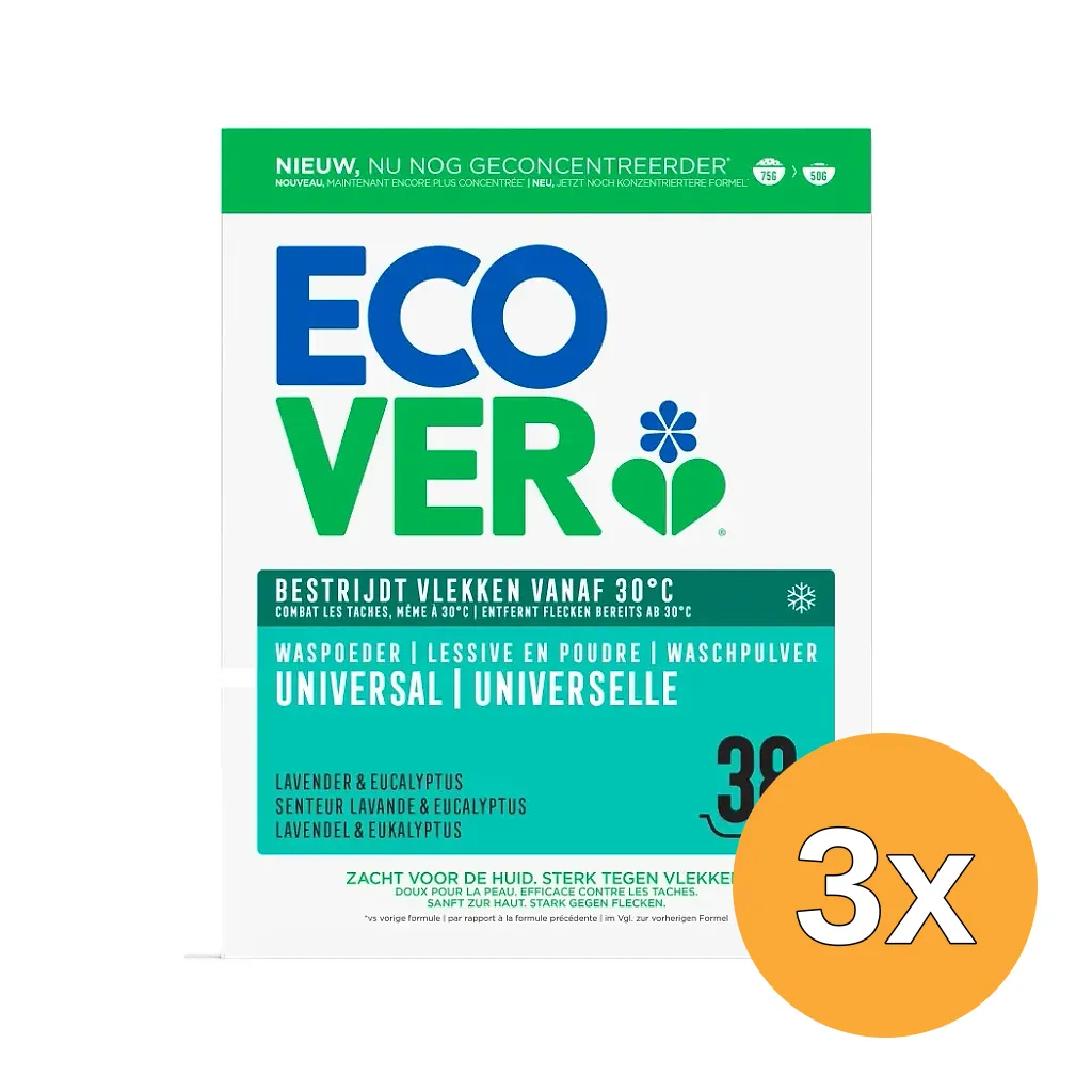 3x Ecover Waspoeder Universeel Lavendel & Eucalyptus 1.9kg (1900 gr)