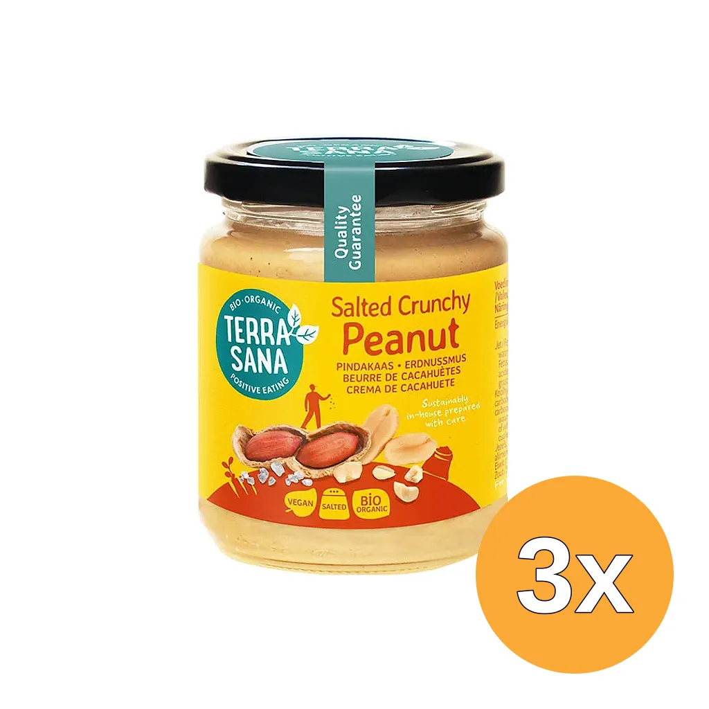 3x TerraSana Pindakaas crunchy met zeezout bio (250 gr)