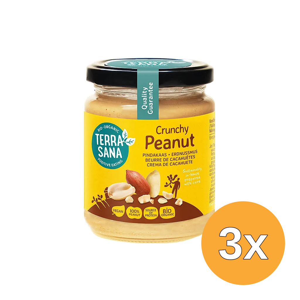 3x TerraSana Pindakaas crunchy zonder zout bio (250 gr)