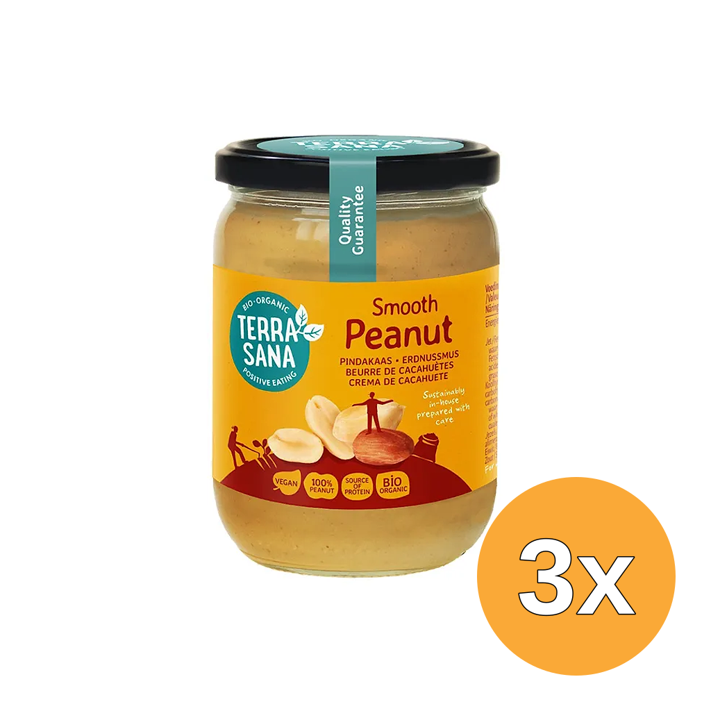 3x TerraSana Pindakaas fijn zonder zout bio (500 gr)