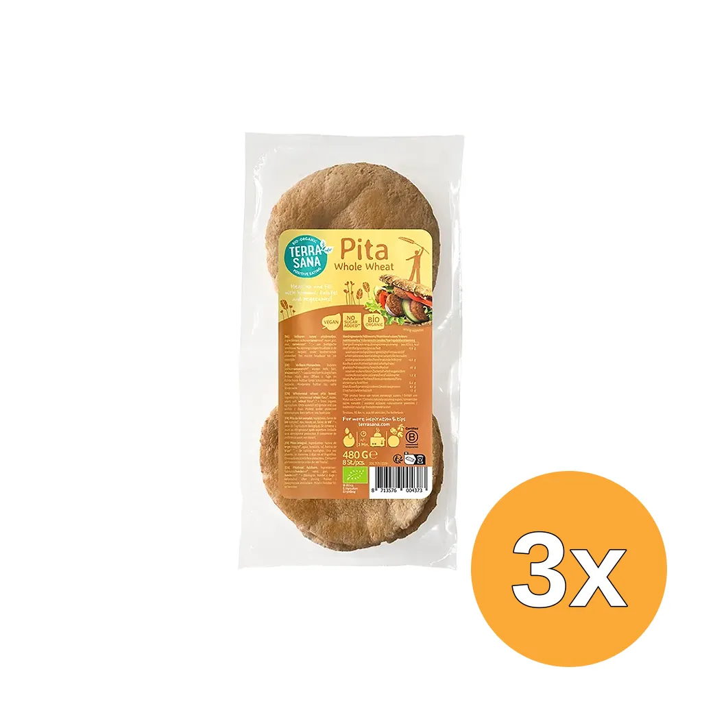 3x TerraSana Pitabroodjes Volkoren (480 gr)