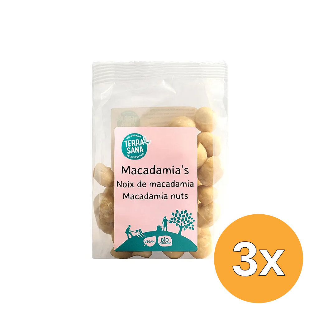 3x TerraSana RAW Macadamianoten gepeld bio (100 gr)