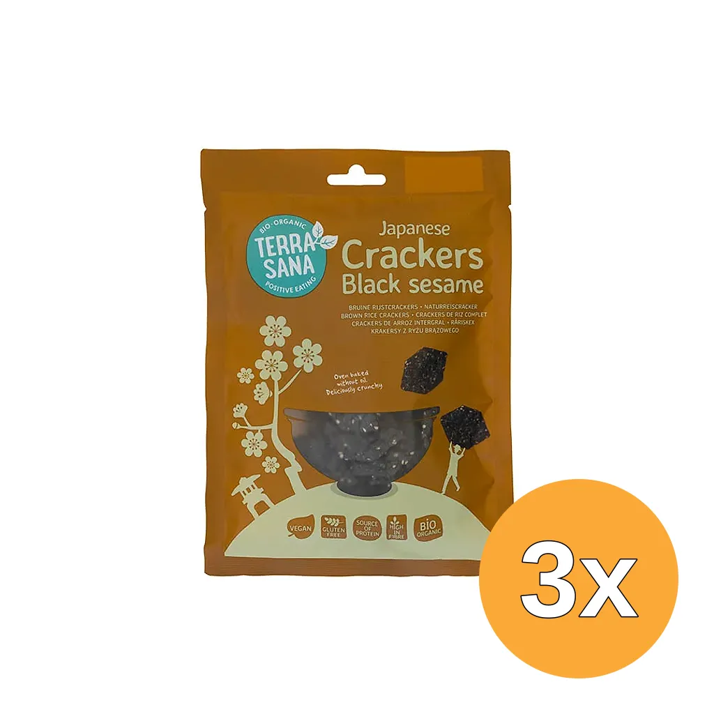 3x Terrasana Japanse Bruine Rijstcrackers Zwarte Sesam Bio (60 gr)