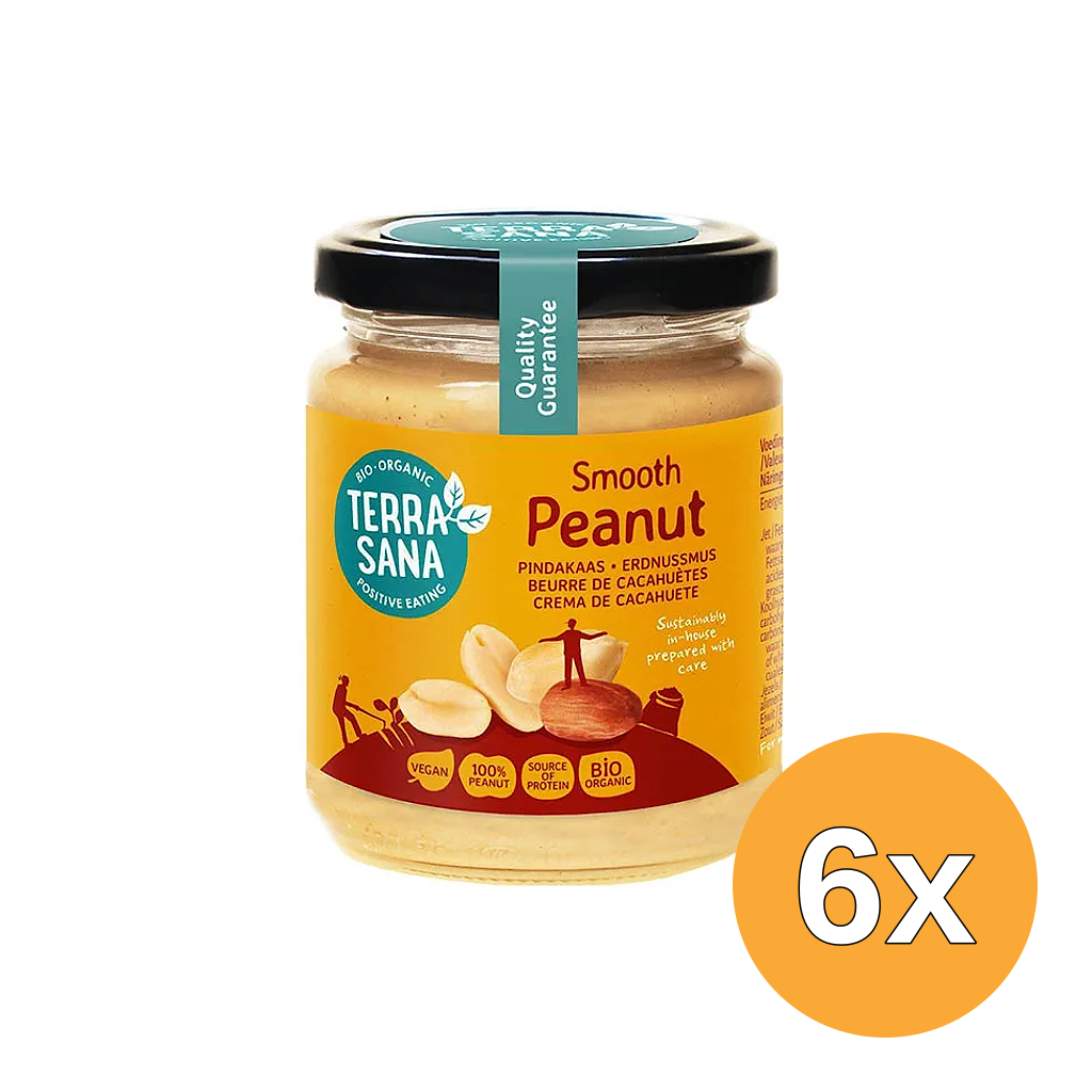 6x TerraSana Pindakaas fijn zonder zout bio (250 gr)