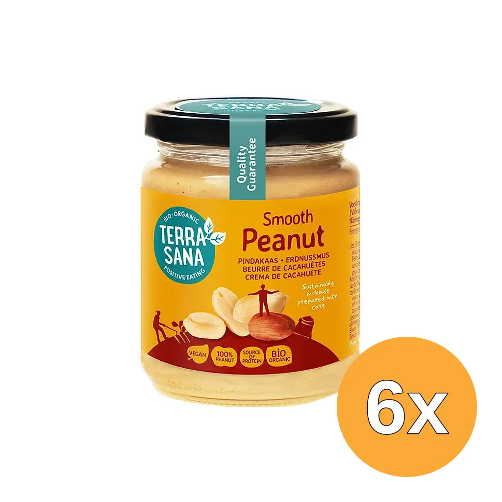 6x TerraSana Pindakaas fijn zonder zout bio (250 gr)