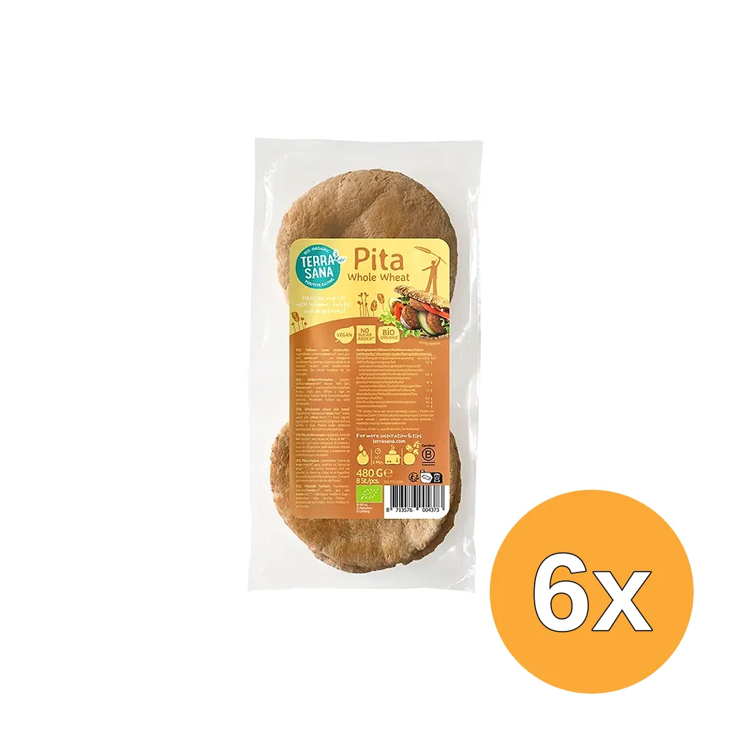 6x TerraSana Pitabroodjes Volkoren (480 gr)