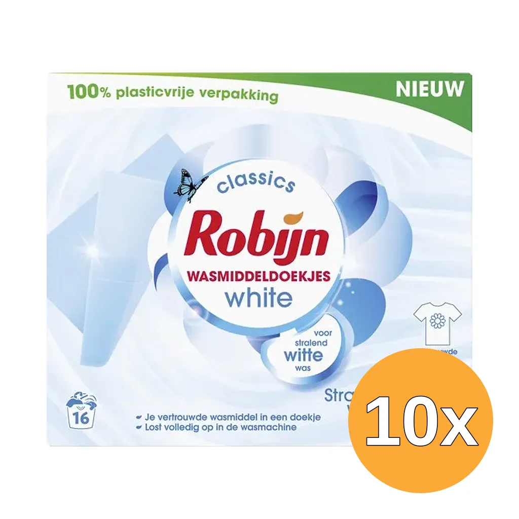 10x Robijn Wasmiddeldoekjes Wit (16 stuks)