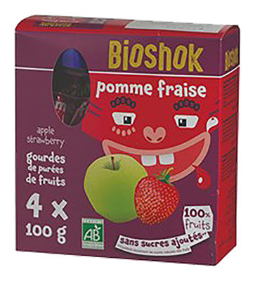 Bioshok Knijpzakjes Appel-aardbei Pak Bio (4 x 100 gr)