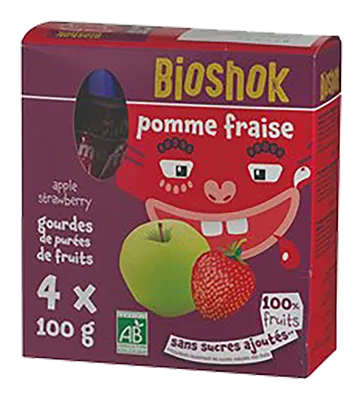 Bioshok Knijpzakjes Appel-aardbei Pak Bio (4 x 100 gr)