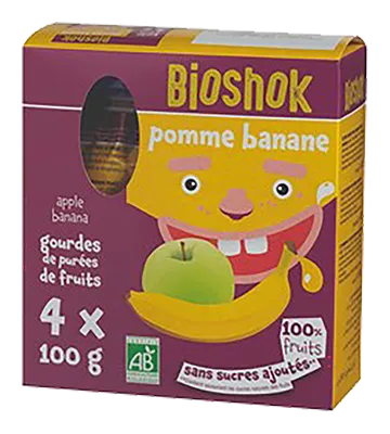 Bioshok Knijpzakjes Appel-banaan Pak Bio (4 x 100 gr)