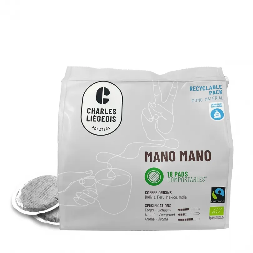 Charles Liégeois Koffiepads Mano Mano Fairtrade Bio (18 stuks)