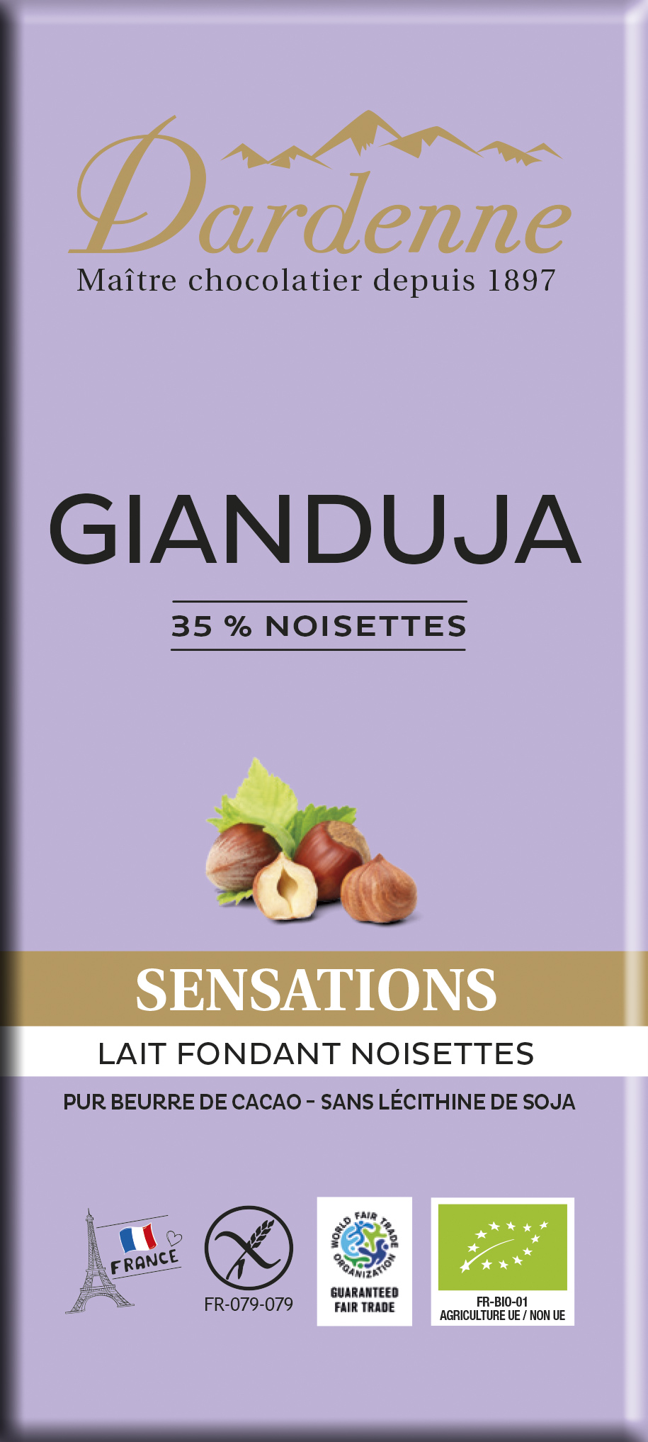 Dardenne Gianduja Melkchocolade 35% met Nootjescreme Bio (100 gr)