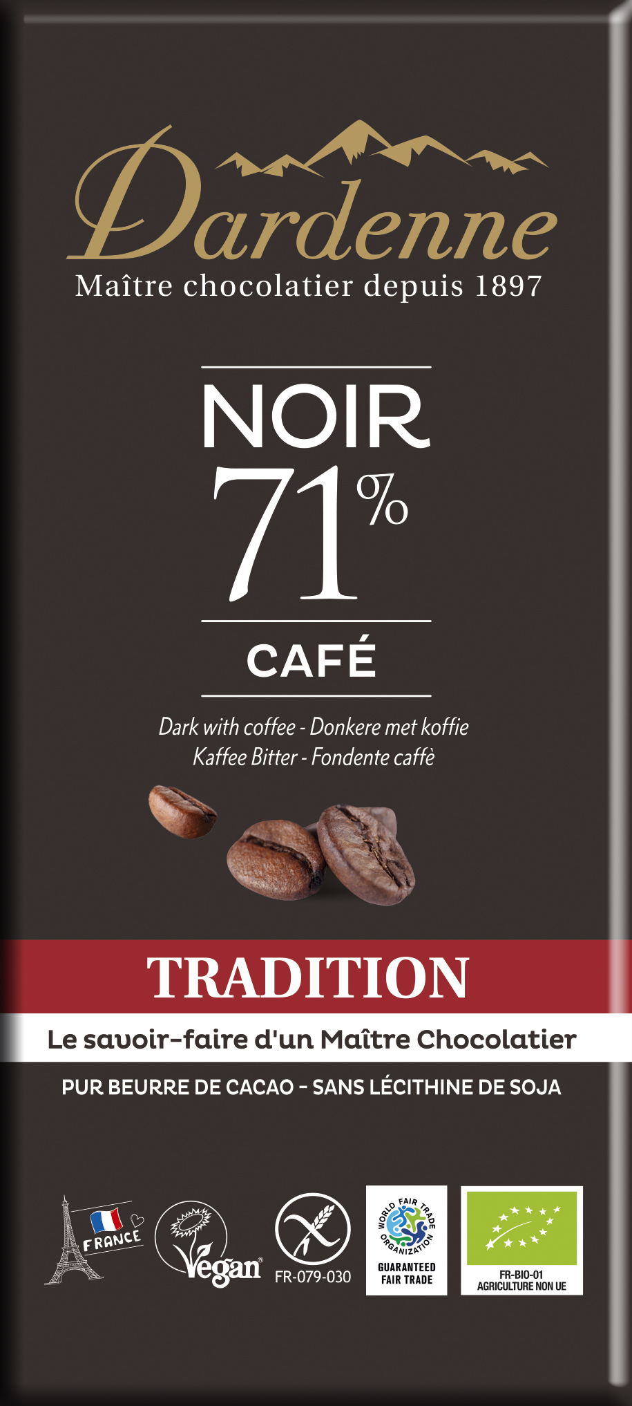 Dardenne Pure Chocolade Tablet 71% met Koffie Bio (70 gr)